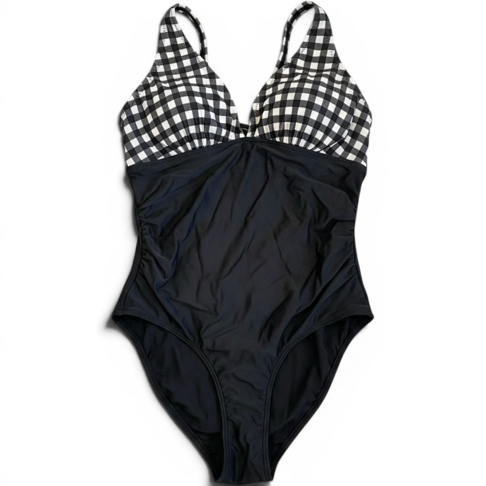 Black Gingham V-Neck One Piece Swimsuit Ruched Tummy Control Cross Back New